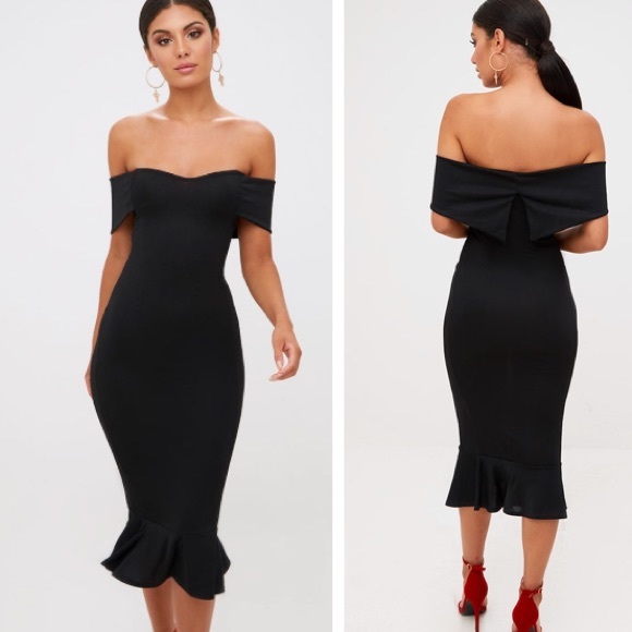 black bardot frill hem midi dress